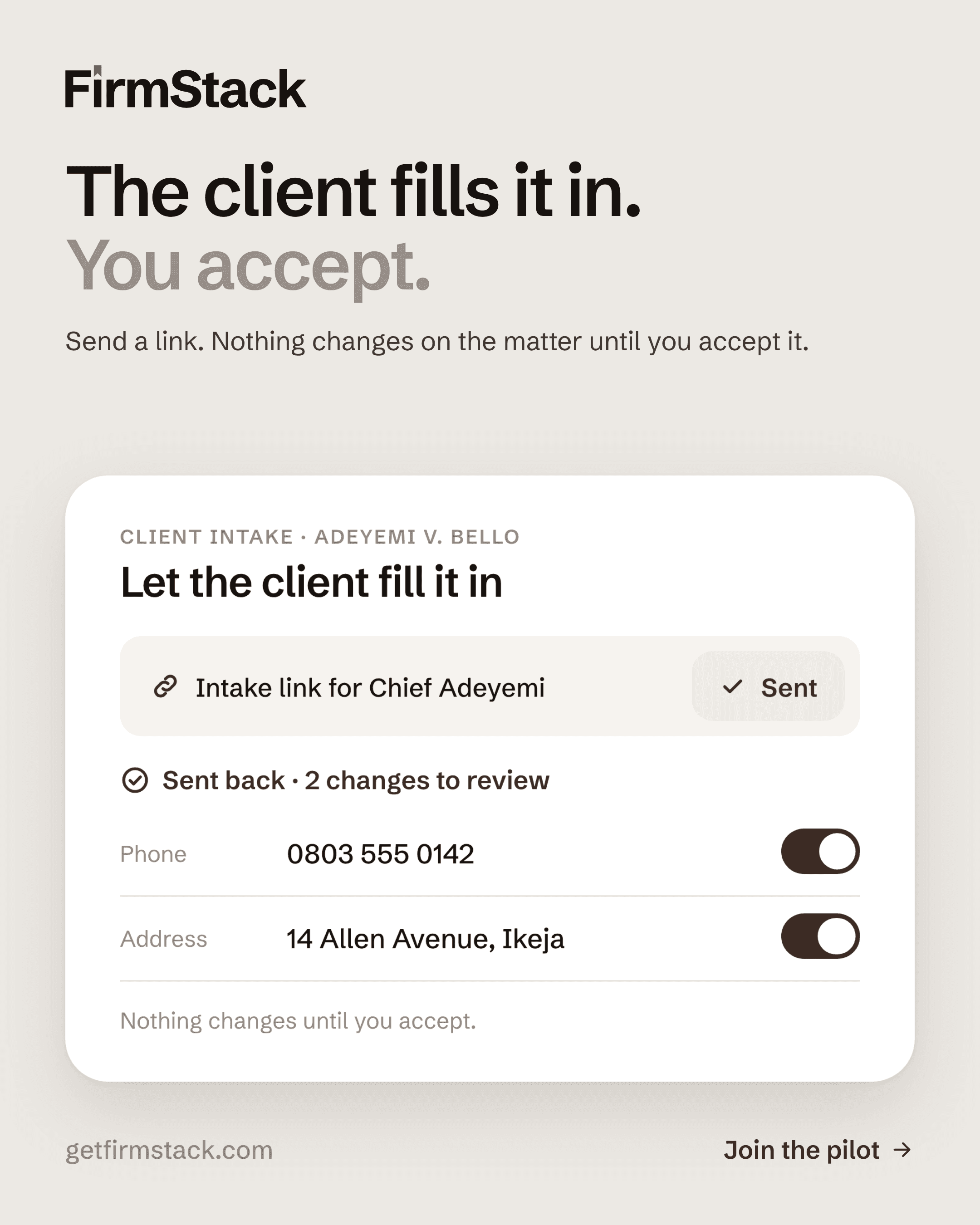 Illustrated FirmStack client-intake review with fictional contact details and changes awaiting acceptance.