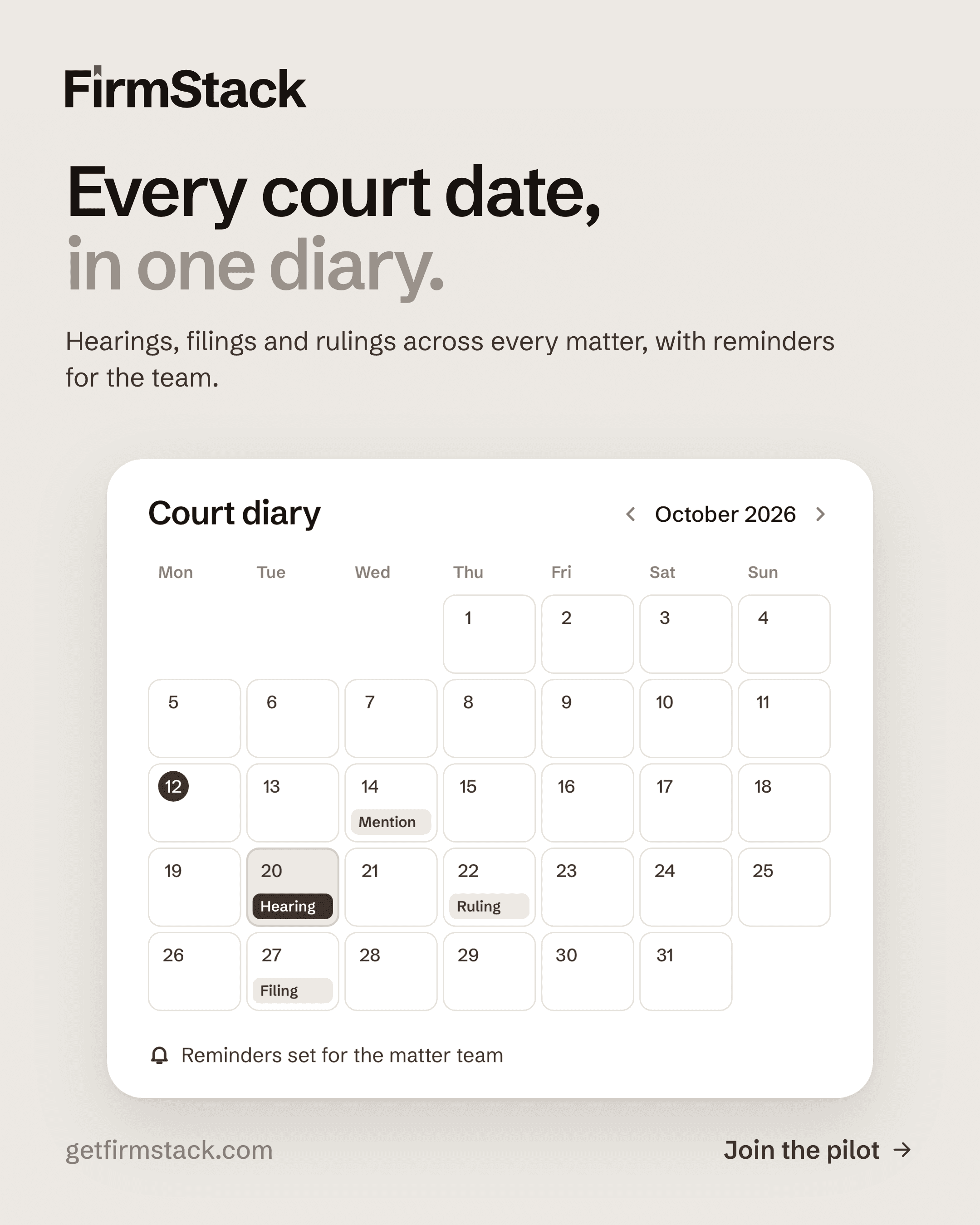 Illustrated FirmStack court diary with fictional hearing, mention, ruling and filing dates.