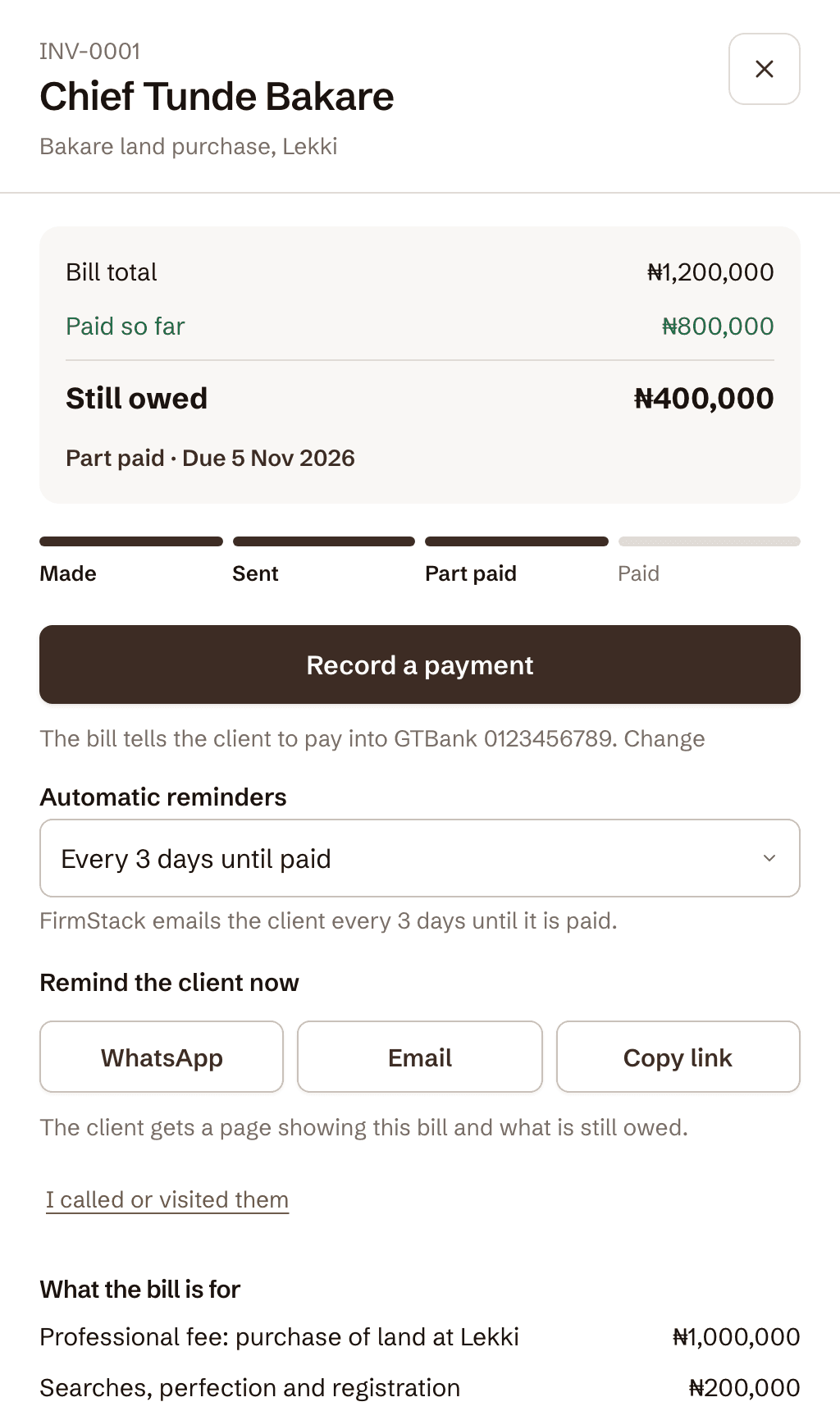 A FirmStack bill for ₦1,200,000 with two payments recorded, showing ₦800,000 paid so far and ₦400,000 still owed.