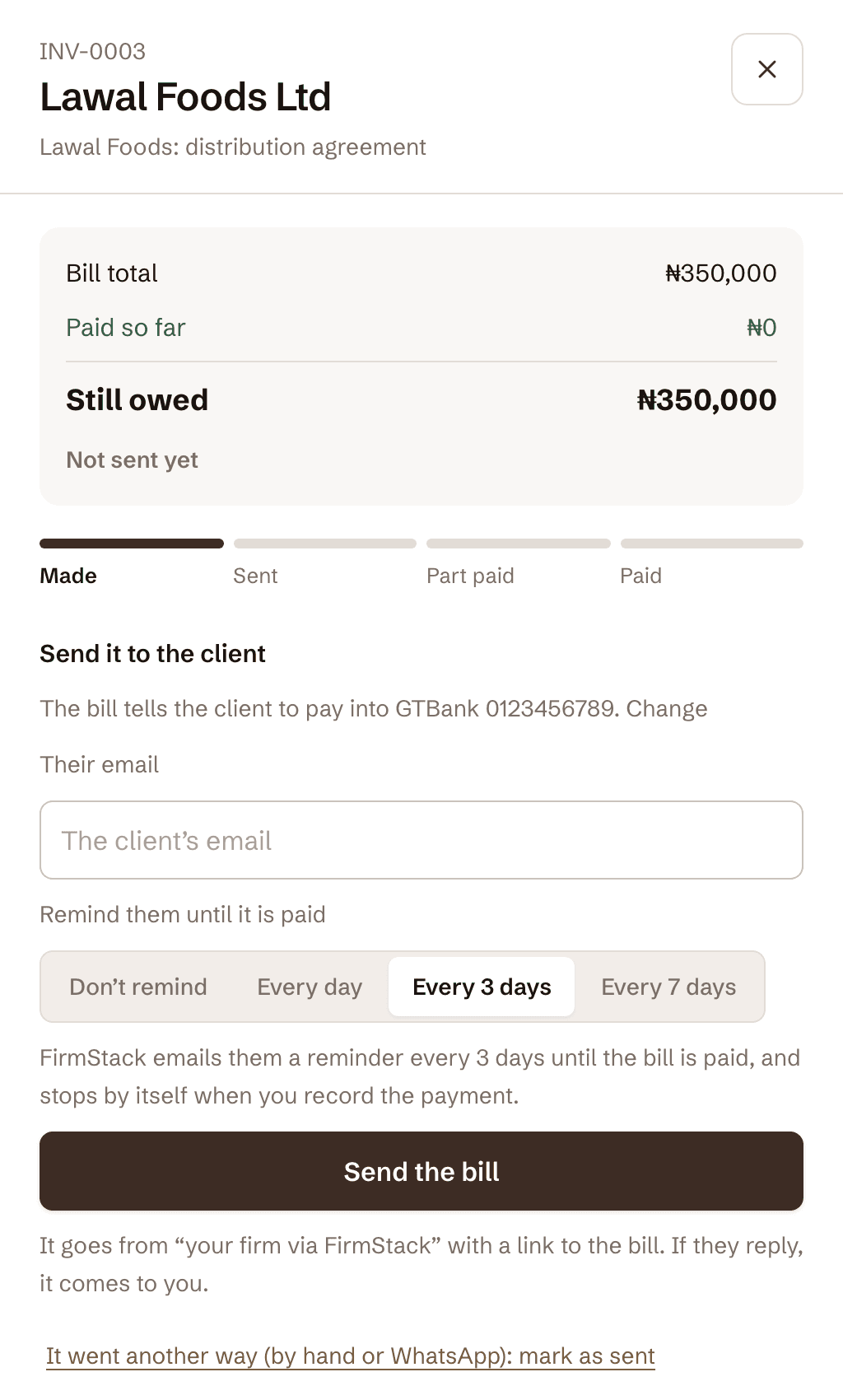A FirmStack bill ready to send, with the automatic reminder choice: every day, every 3 days or every 7 days until paid.