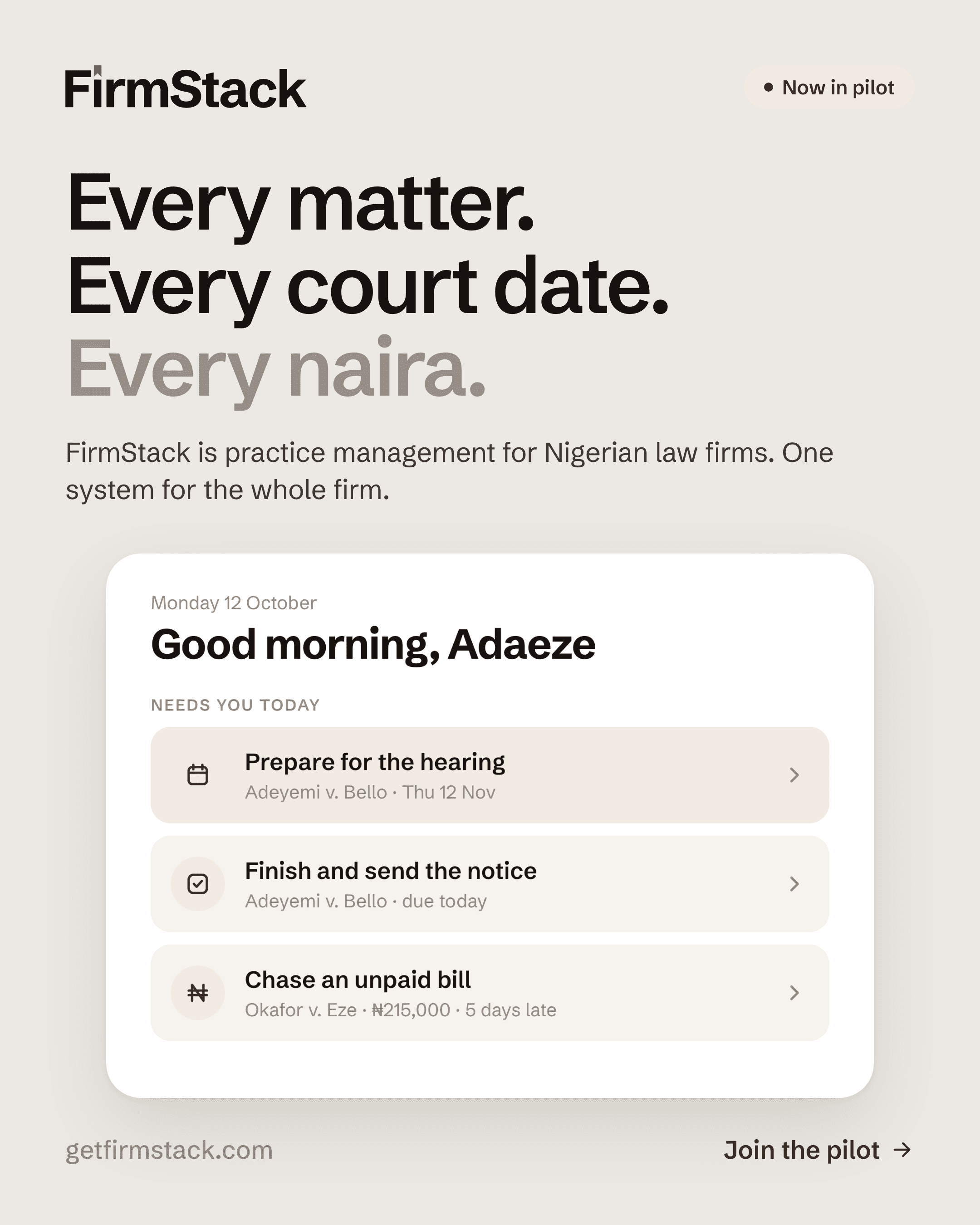 Illustrated FirmStack home screen with fictional work, court dates and an unpaid bill.
